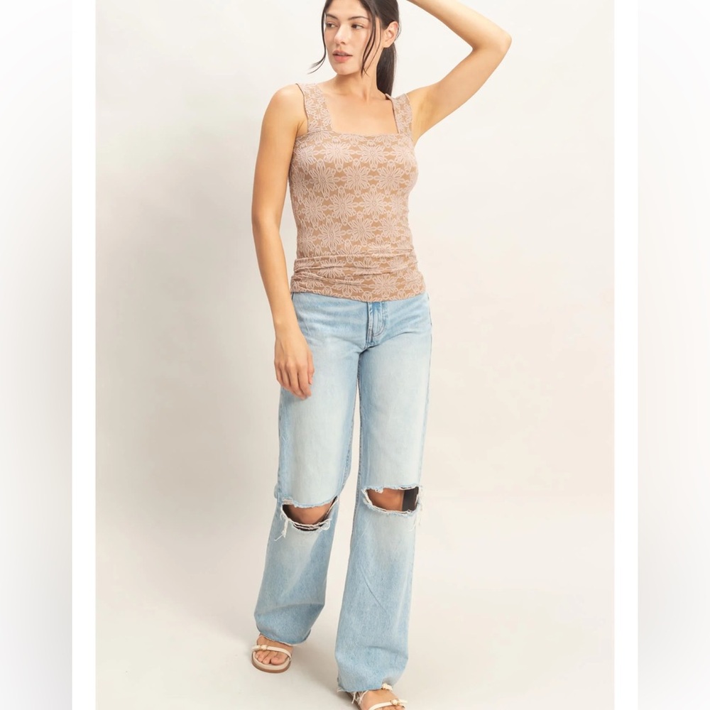 NEW HYFVE Taupe Floral Jacquard Square Neck Tank S M L - Picture 5 of 7
